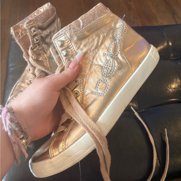 bebe Shoes - bebe Metallic Rose Gold High-Top Sneakers with Crystal Logo